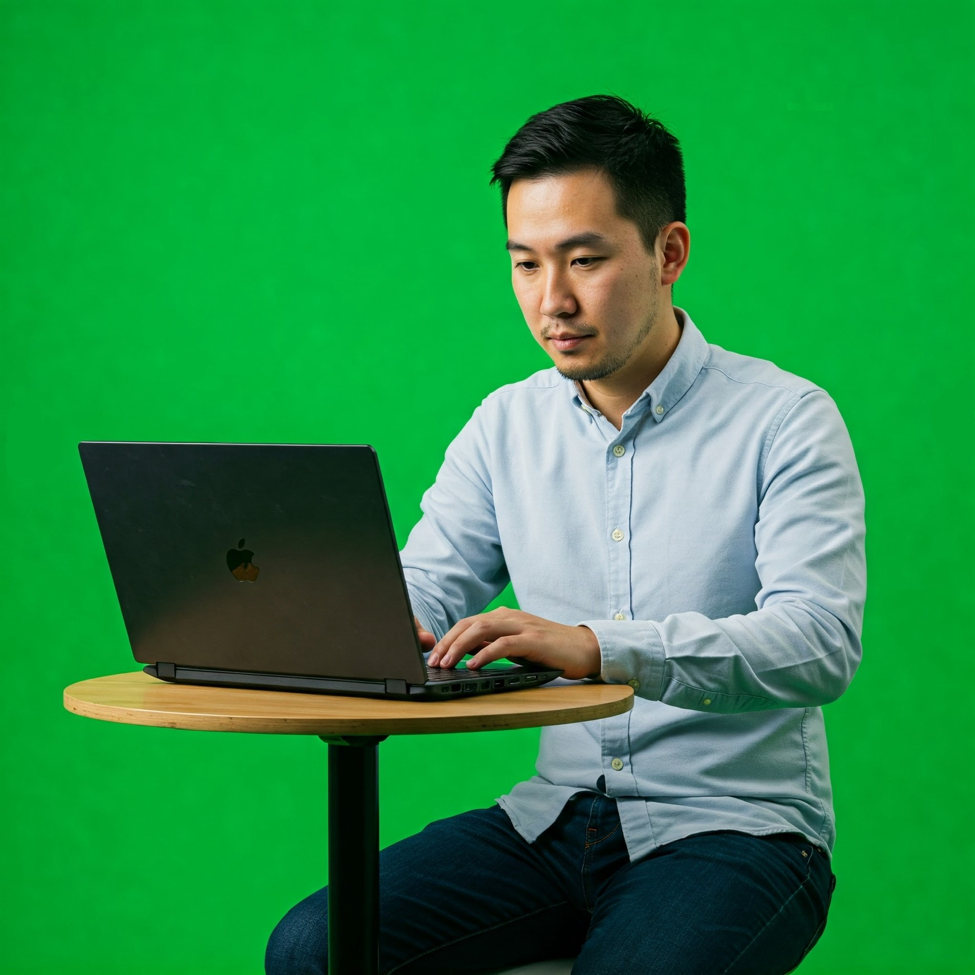 photo of Asian Man Typing on Laptop Against Green Screen